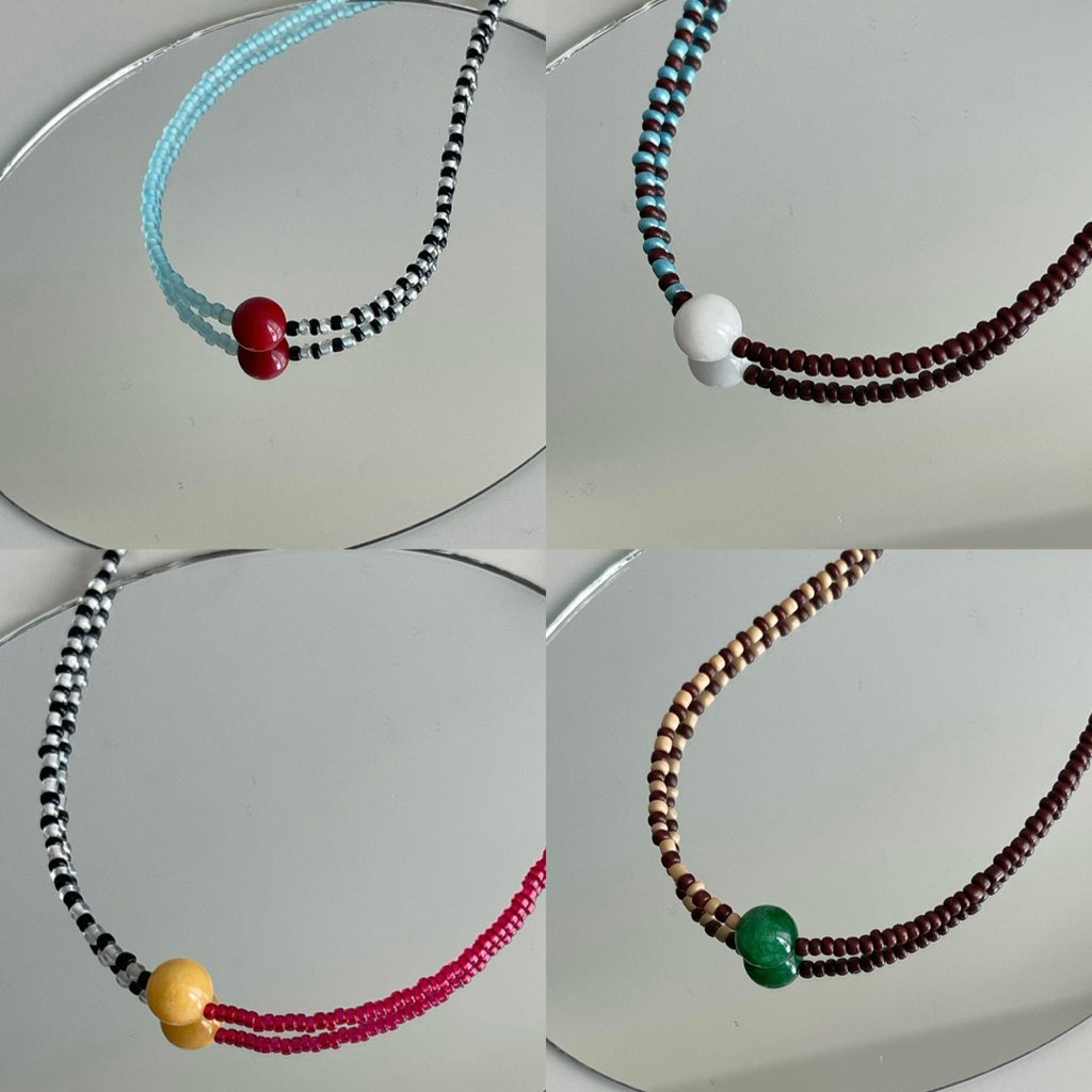 ส่งด่วน! two tone bead ball stone สร้อยคอลูกปัด จี้หินแท้ มินิมอล คู่สีสวย | ourweekend.stuff