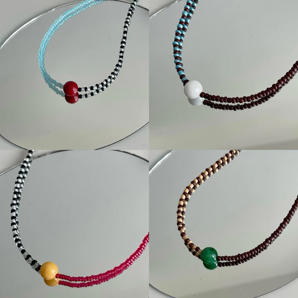 ส่งด่วน! two tone bead ball stone สร้อยคอลูกปัด จี้หินแท้ มินิมอล คู่สีสวย | ourweekend.stuff