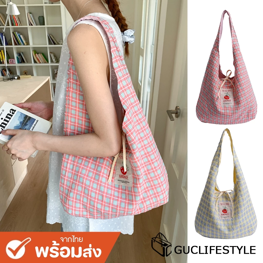 ส่งด่วน GUCSELECTED(B2497) กระเป๋าสะพายผ้าใบใหญ่ลายสก็อตป้ายมะเขือเทศ ใช้ได้2ด้าน