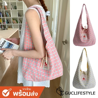 ส่งด่วน GUCSELECTED(B2497) กระเป๋าสะพายผ้าใบใหญ่ลายสก็อตป้ายมะเขือเทศ ใช้ได้2ด้าน