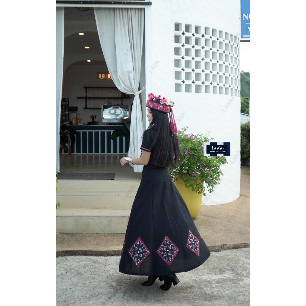 เซ็ทเสื้อคอจีนและกระโปรงทรง8ชิ้นผ้าโพลี่เอสเตอร์พิมพ์ลายดอกเมี่ยนมี2สี - รูปที่ 7