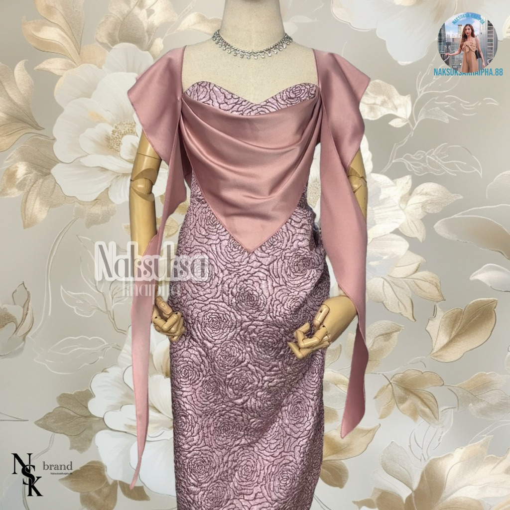 (( JG01 )) Dress สวยหรู ผ้าแจ๊คกาด ลายกุหลาย ดีเทลทรงสายริบบิ้นใช้ผ้า 2 ชนิดในชุดเดียว สวยหรู ติดแกรมสุดๆ (ร้านNSKbrand)