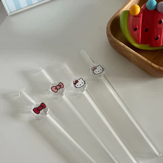หลอดดูดน้ำ [ดูดไข่มุกได้] คิตตี้ ขนาดใหญ่ 24 ซม วัสดุแก้ว หนา น่ารักมาก