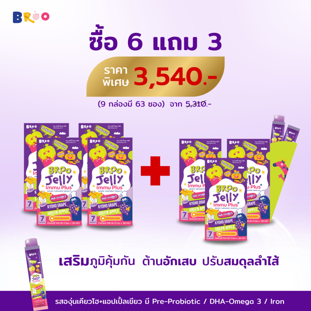 【6 กล่อง แถมฟรี 3 กล่อง】BROO JELLY IMMU PLUS+ พรีไบโอติก โพรไบโอติก ลำไส้แข็งแรง เสริมภูมิ คุ้มจบในตัวเดียว