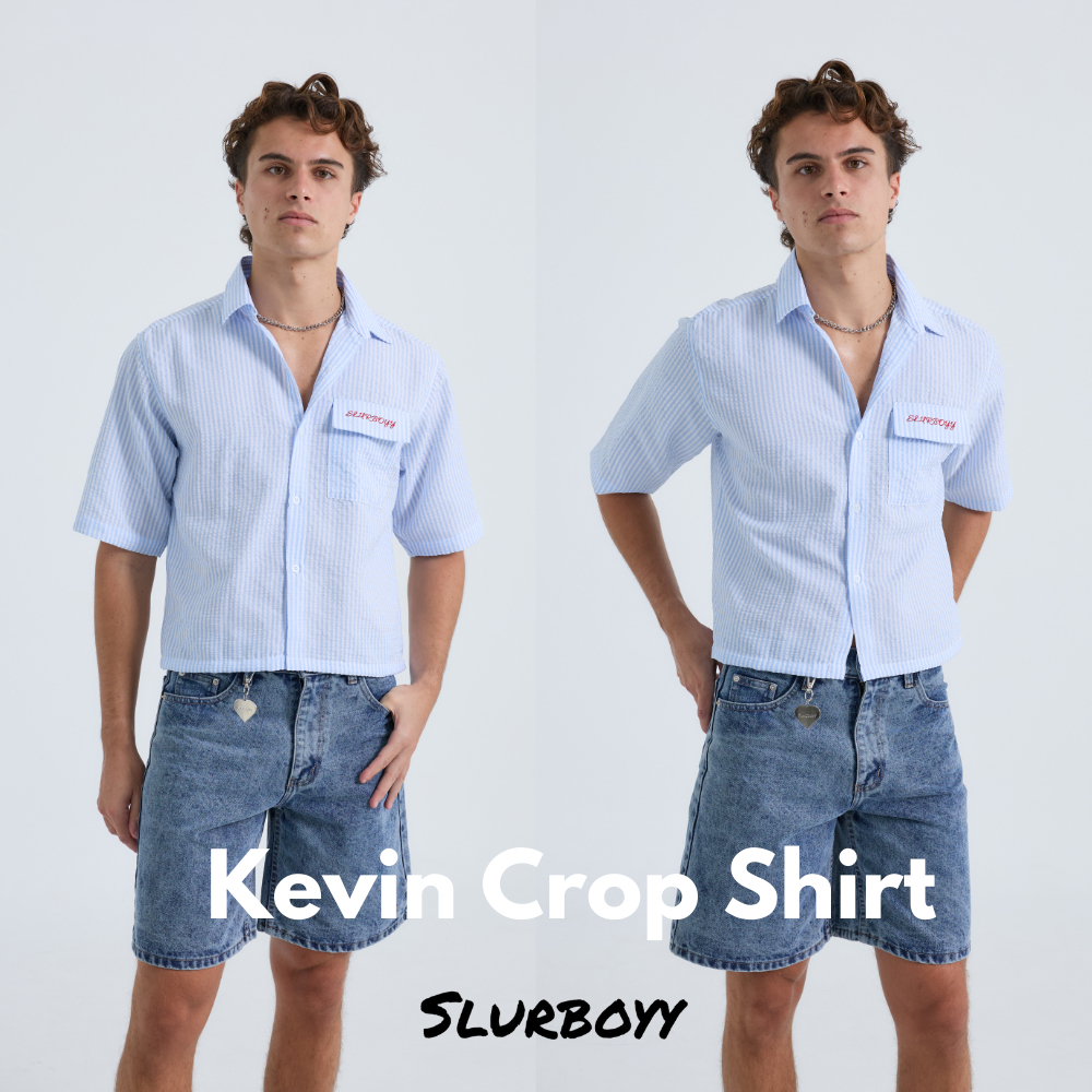 (ส่งด่วน กทม 4 ชม.) SLURBOYY Kevin Striped Crop เสื้อเชิ้ตครอป ปักกระเป๋า (ส่งด่วน กทม 4 ชม.) SLURBOYY (SB0815)