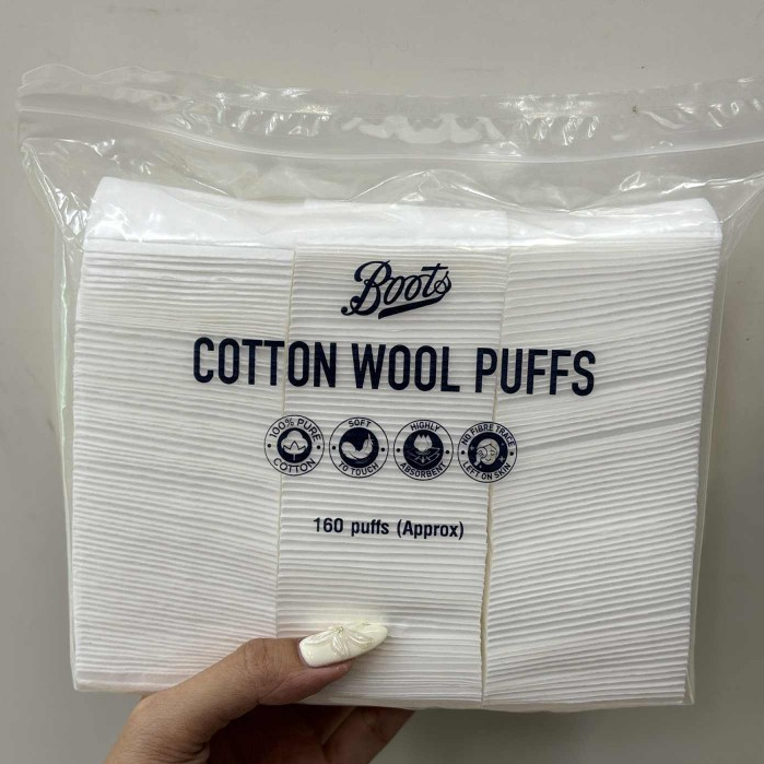 สำลีเช็ดเครื่องสำอาง Boots Cotton บู๊ทส์ คอทเทิน วูล พัฟส์ สำลีแผ่นรีดขอบ pure cotton [ 160 แผ่น ]