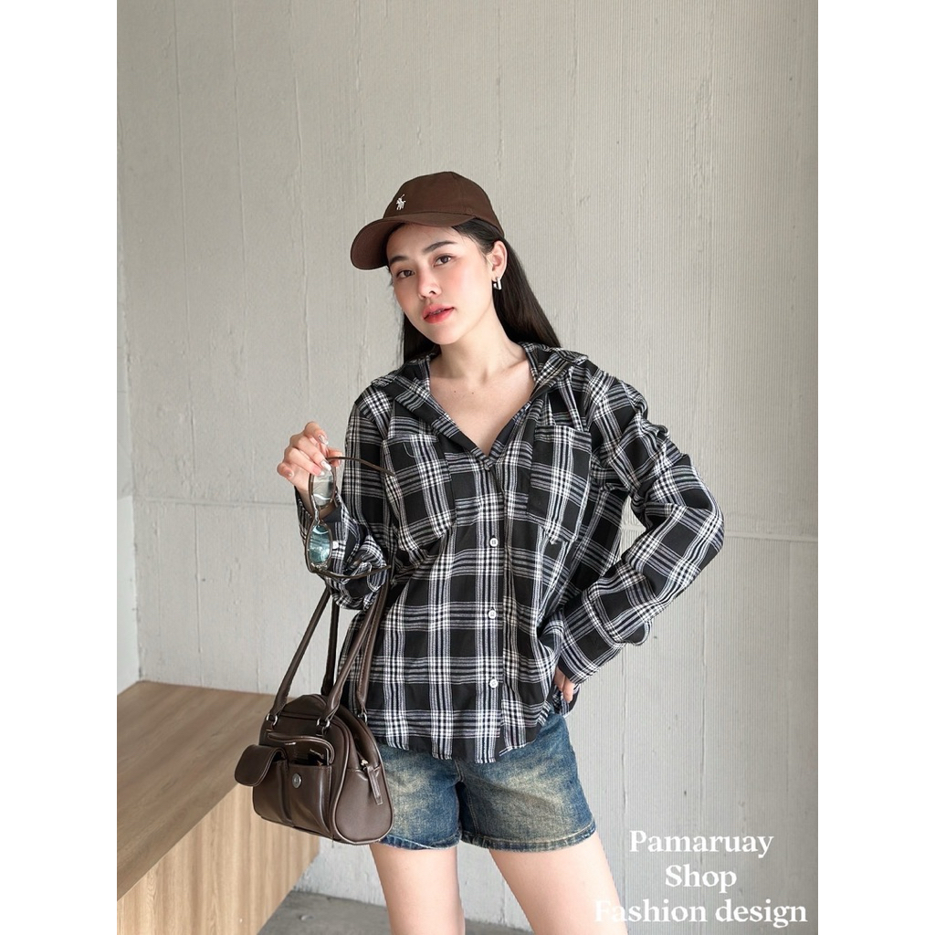 เสื้อเชิ้ตแขนยาว (P902)(อก 46“)ลายสก็อต กระดุมหน้า ใส่เป็นคุมได้งานป้าย pamaruay