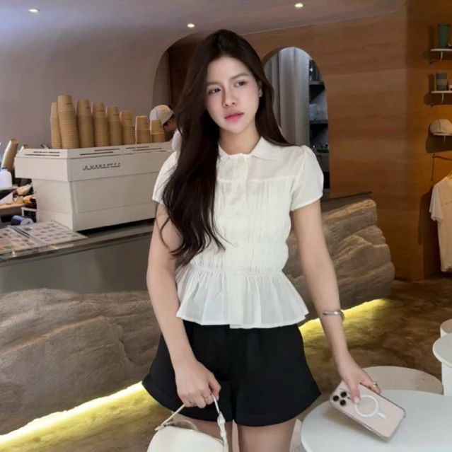 เสื้อแขนตุ๊กตาคอบัว กระดุมหน้า ผ้าฝ้าย thumbnail 5