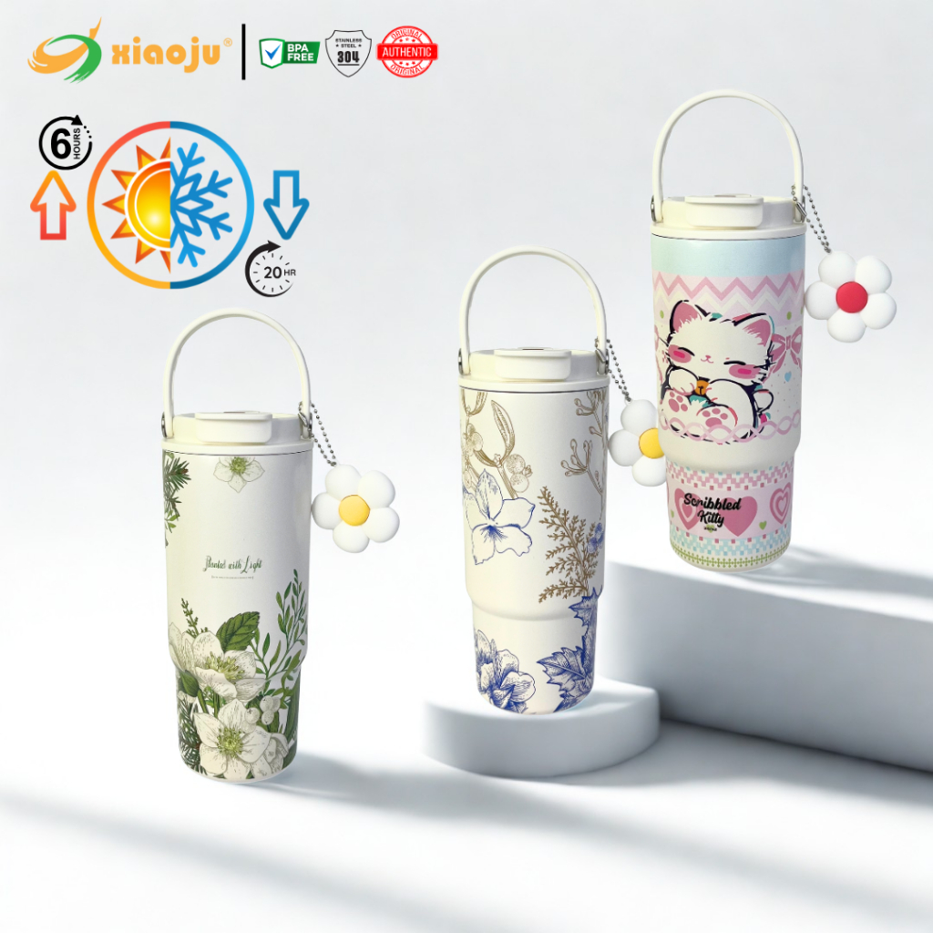 XIAOJU แก้วสกรีนลาย ซับในเซรามิก 880ML เก็บทั้งร้อน & เย็น ใช้งานกับเครื่องได้ทุกชนิด ทนต่อการกัดกร่อน ไม่เป็นสนิม