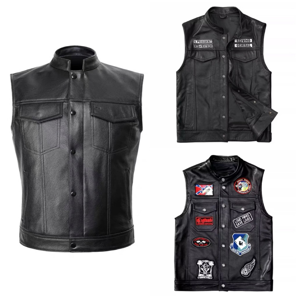เสื้อกั๊กหนังแท้ vintage vest leather แจ็คเก็ตหนังแท้คอจีนคอตั้งคอวี(พรีฯสุดคุ้ม)