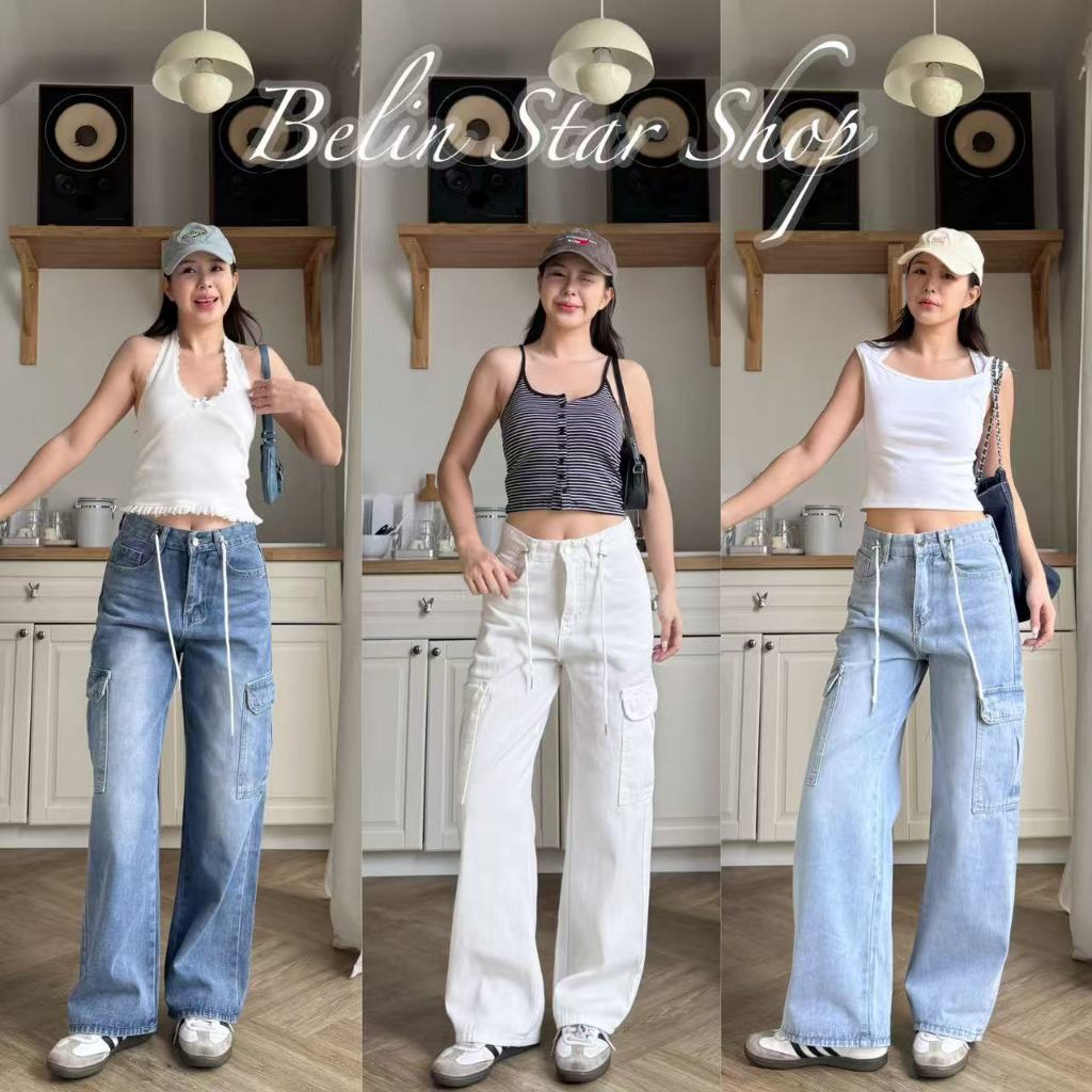 กางเกงยีนส์คาโก้ทรงช่างรูดเชือกปรับระดับกระบอกใหญ่baggy jeans ป้ายBelin Star ปลายขากว้าง13นิ้ว