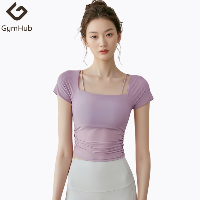 GymHub เสื้อโยคะสตรีตกแต่งตาข่าย มีแผ่นรองอกในตัว สายบางเซ็กซี่ แขนสั้น ใส่แล้วดูเพรียว สวย สำหรับออกกำลังกาย