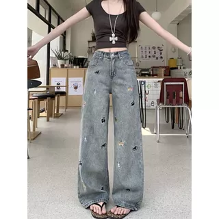 1743-NEWSIZE/S-10XLกางเกงยีนส์ขายาวกระบอกกลางเอวต่ำสีสนิมฟอกปักลายสุนัขทั้งตัวใส่ได้ทั้งผู้ชายละผู้หญิงพร้อมส่ง