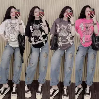 No.Set5590 ชุดเซ็ท2ชิ้น เสื้อแขนสั้น+กางเกงขายาว*ผ้ายีนส์เทียม* สกรีนลายหมีหลายตัว ชุดเซ็ท เสื้อผ้าแฟชั่น