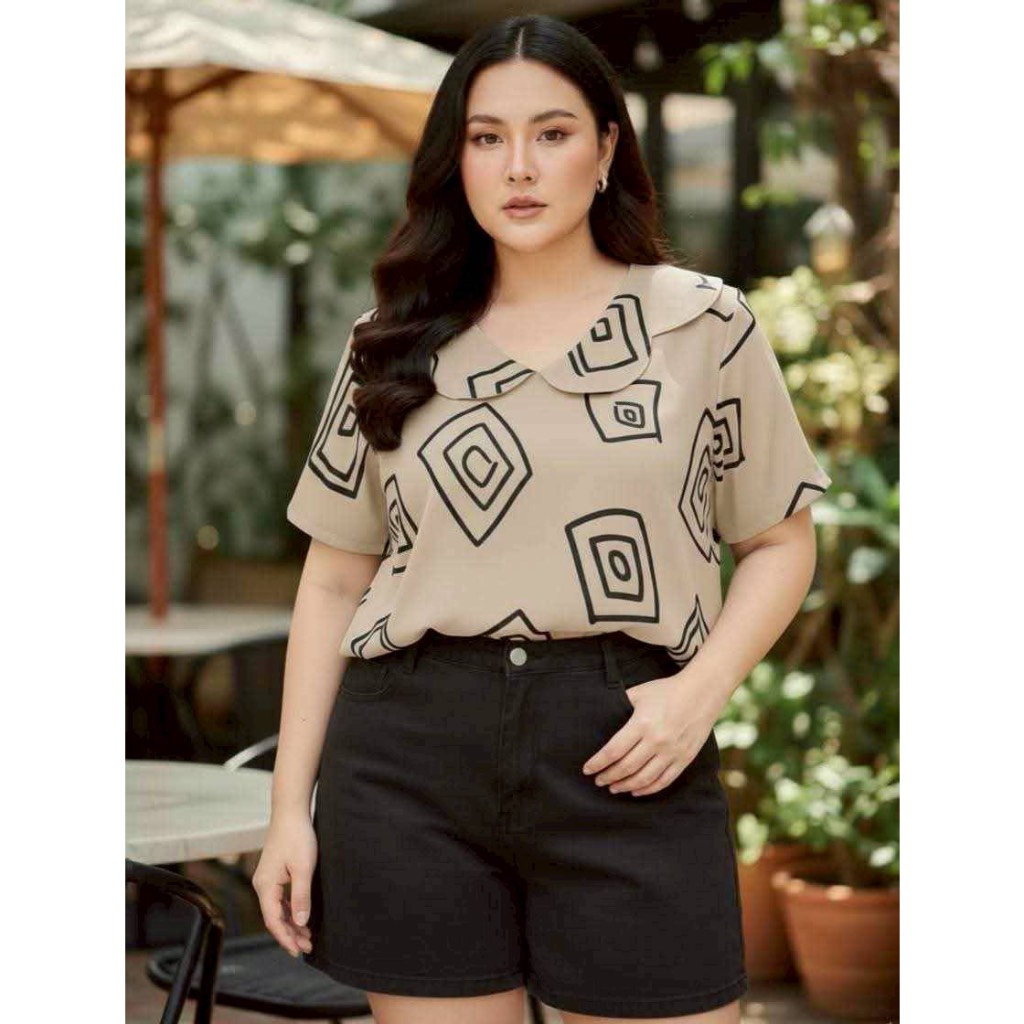 เสื้อแฟชั่นไซส์ใหญ่ ผ้าไหมอิตาลีลายกราฟฟิก ใส่สบาย ระบายอากาศดี ผู้หญิงอวบใส่ได้ อก44,48,52นิ้ว