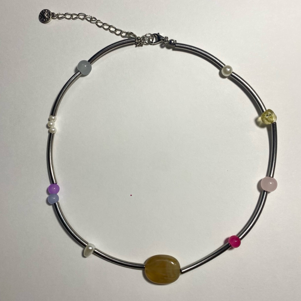สร้อยคอลูกปัดสีเงิน + ลูกปัดแก้วหลากสี Necklace