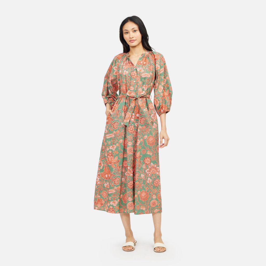 Sarung Lasem Cotton Gathered Neck Maxi Dress - Green/Orange
