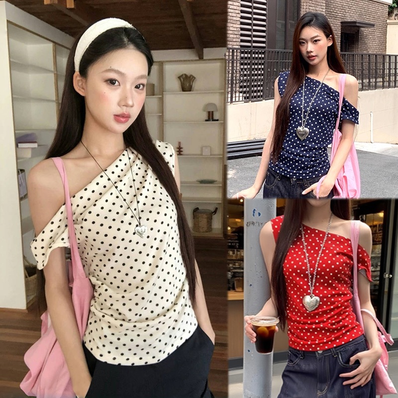 DOMI เสื้อยืดแขนสั้นผู้หญิงฤดูร้อน 2025 ใหม่ระเบิดจุดปิดไหล่ด้านบนแฟชั่นเซ็กซี่
