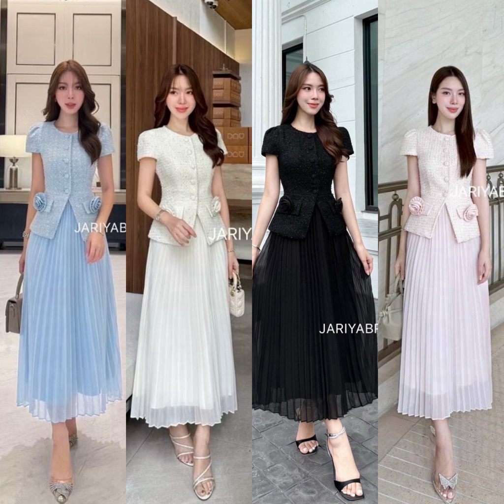 JARIYA,CHARISSA•ชุดset 3ชิ้น (ผ้าทวิส) เสื้อทวิสแขนสั้นมาพร้อมกระโปรงพรีสยาวเอวสูง มีเข็มกลัดดอกไม้ให้2ชิ้น – โปรปัง