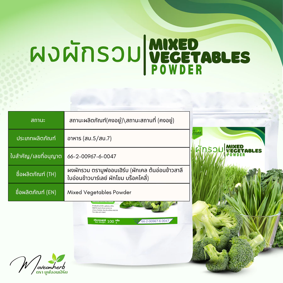 ผงผักใบเขียวรวม5ชนิด มีอย. แท้ 100% ขนาด100กรัม Mixed Vegetables Powder