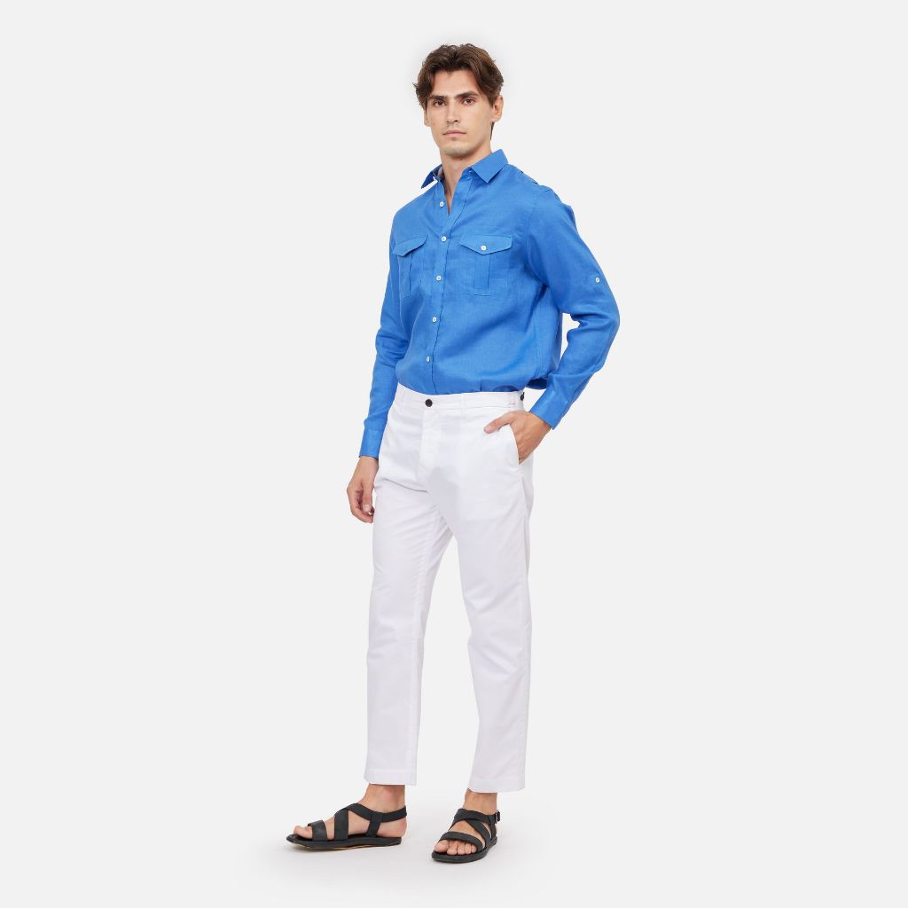 Faded Flower Linen Safari Long Sleeve Shirt Navy