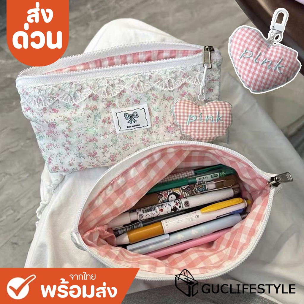 ส่งด่วน GUCSELECTED(B2502) กระเป๋าใส่ดินสอ-จัดระเบียบเครื่องสำอางค์+แถมที่ห้อยหัวใจ ลายดอกไม้โบว์