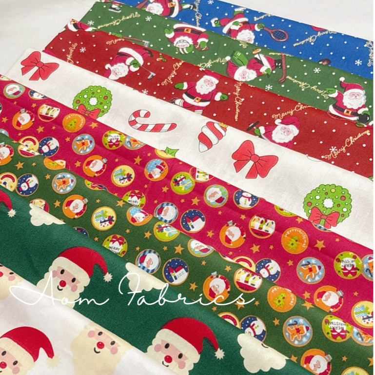 Aom Fabrics 🌷ผ้าคอตตอน 100% twill 64 นิ้ว ลายคริสมาส ผ้าเมตร ผ้านำเข้า พร้อมส่ง