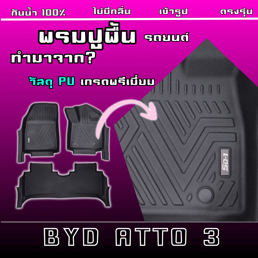 พรมปูพื้นรถยนต์ BYD ATTO3 ปี 23 - 25 (3ชิ้น) แบรนด์ SD-1  เข้ารูปตรงรุ่น ไม่ลื่น ไม่มีกลิ่น