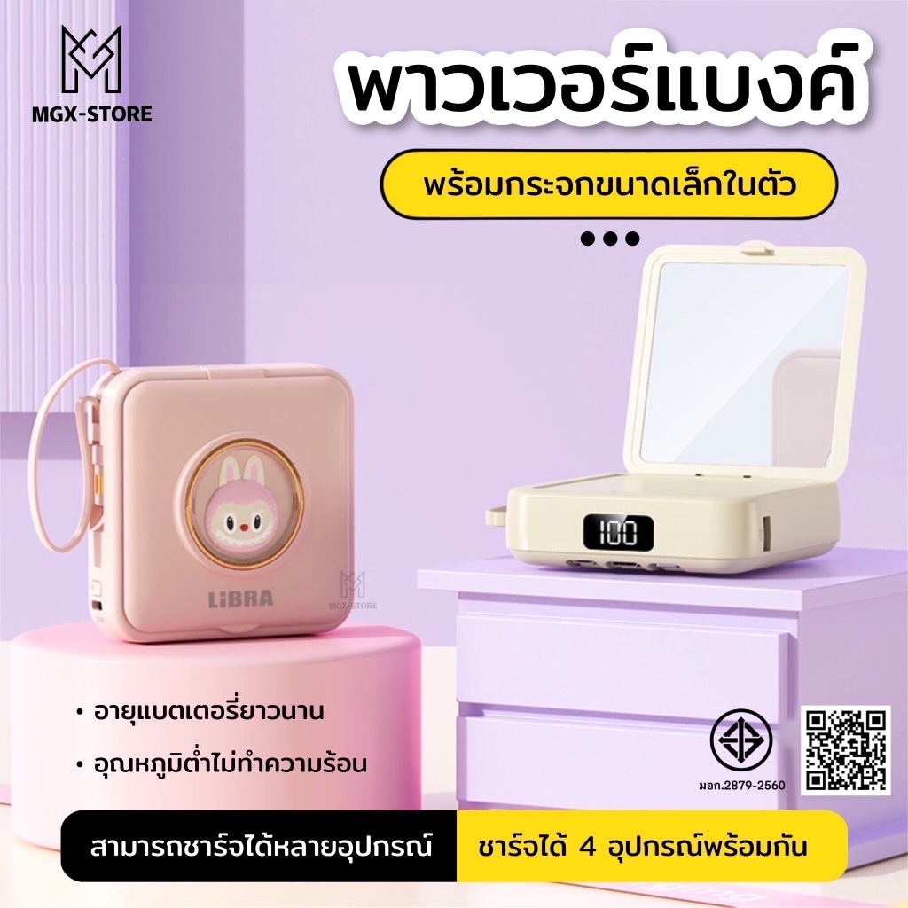 PowerBank 20000mAh ดีไซน์ลาบูบูสุดน่ารัก จอแสดงผลพลังงาน LED  มาพร้อมกับสายข้อมูลสี่เส้นและกระจกพับในตัว แบตเตอรี่สำรอง