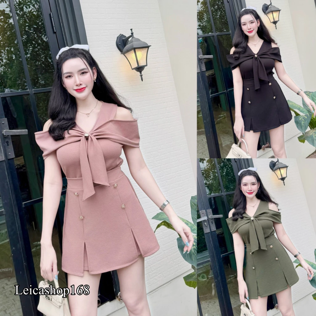 สินค้าพร้อมส่ง ชุดเซตตสั้น กางเกงกระโปรง ผ้าวูลเวฟ เสื้อแขนเว้าไหล่โบว์หน้าแต่งกระดุมเมอแรง+ กางเกงกระโปรงเอวเรียบ