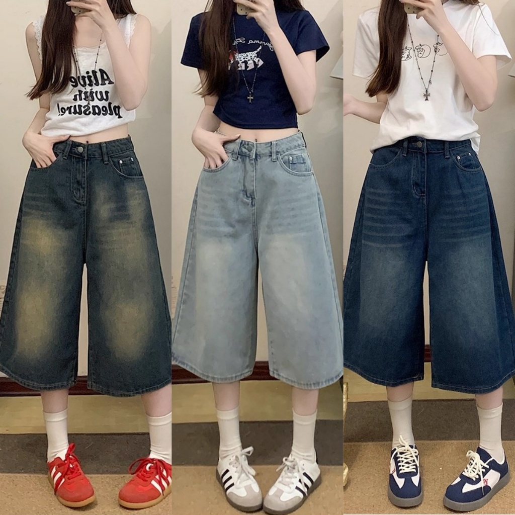 กางเกงยีนส์ครอป กางเกงขายาวทรงตรง สไตล์เรโทรอเมริกัน กางเกงขาสั้นทรงหลวม เอวสูง ขากว้าง