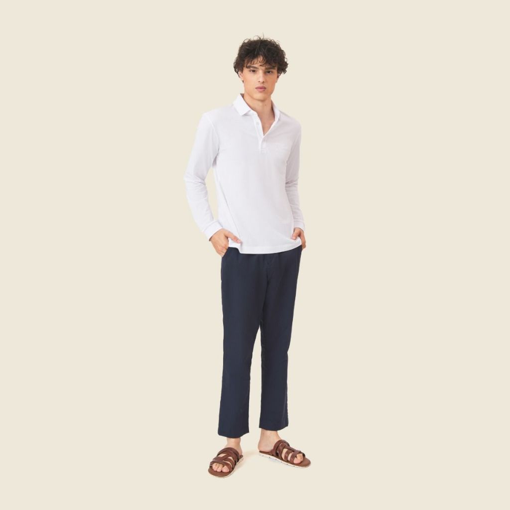 Solid Long Sleeve Cotton Collar with Logo Polo Shirt - White