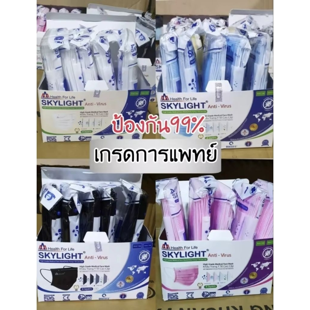 แมสskylight(50ชิ้น) หนา4ชั้น เกรดการแพทย์ กรองไวรัส ฝุ่นpm.25 ควันบุหรี งานนุ่ม หนา อย่างดี พร้อมส่ง