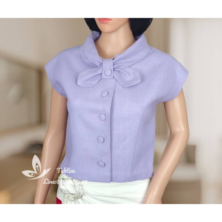 เสื้อใยกัญชงคอโบว์ แขนเลยไหล่