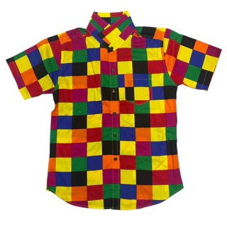 เสื้อเชิ๊ตเเขนสั้นคอปกสลับสีเเนววินเทจลายสก๊อต M-2XL