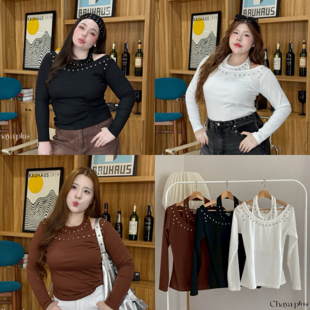 LD เสื้อแขนยาวคล้องคอ แต่งหมุดเท่ๆ สาวอวบ ไซส์ใหญ่ สไตล์สตรีทวินเทจ ผ้าใส่สบาย