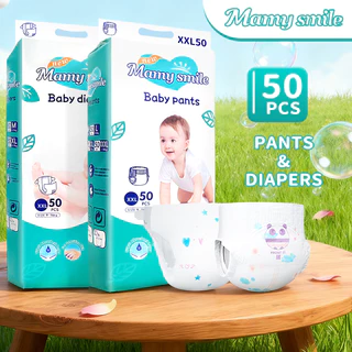 Mamysmile 50 ชิ้น ผ้าอ้อม กางเกง เทป เด็ก นุ่ม บางเบา BABY DIAPER PANTS S/M/L/XL/XXL/XXXL