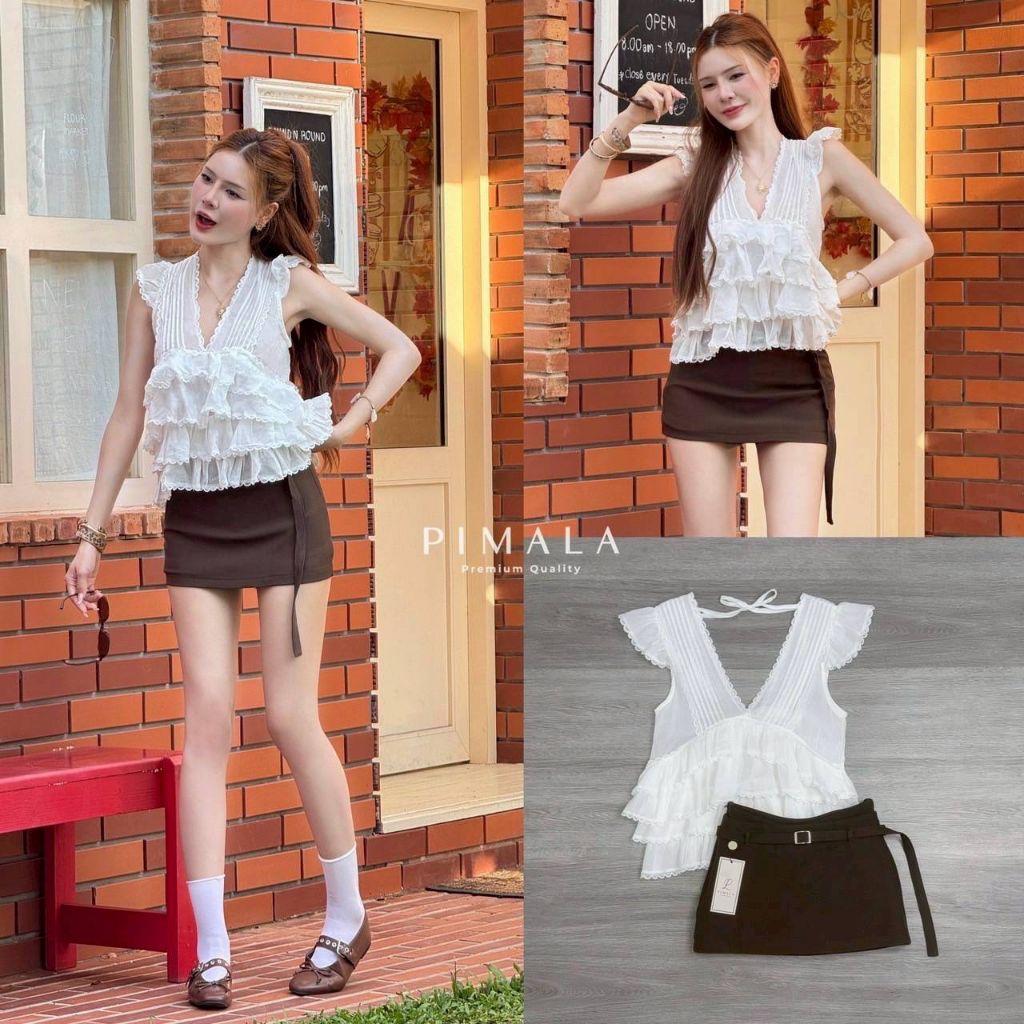 Pimala SET 3 ชิ้นที่match!ได้น่ารักที่สุด กระโปรงมาในLook!สีน้ำตาล เอวออกแบบให้เป็น2เลเยอร์สวยเก๋