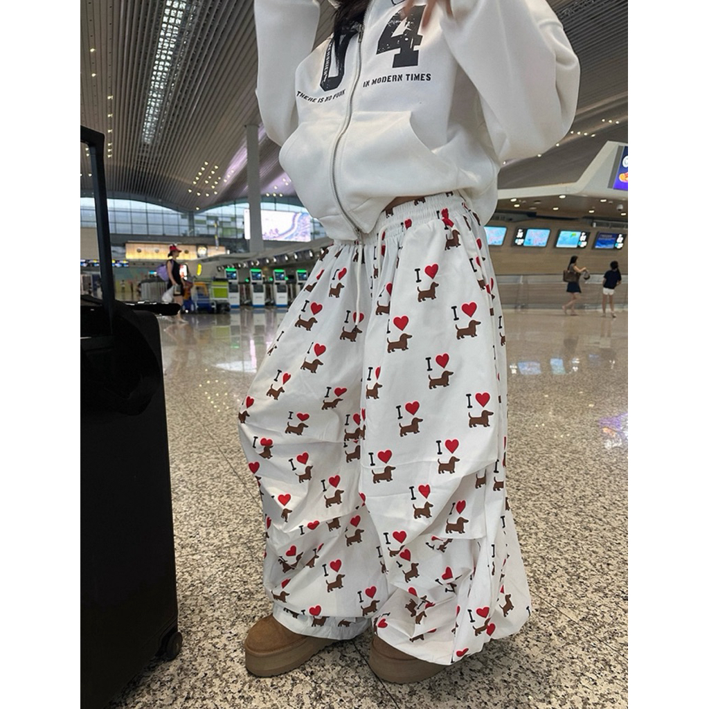 Preorder CGGA กางเกงขายาวทรงตรงทรงหลวมแบบ Unisex เชือกผูกพิมพ์ลายสุนัข