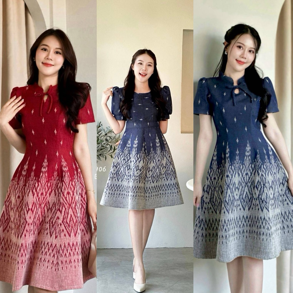 (พร้อมส่ง) BKK : เดรสผ้าทอคอจีน สีกรม สีแดง