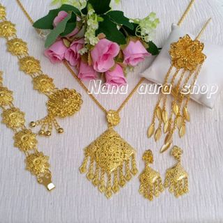 ชุดสร้อยคอสีทอง ต่างหูแบบหนีบ เครื่องประดับชุดไทย ชุดเซ็ท เข…
