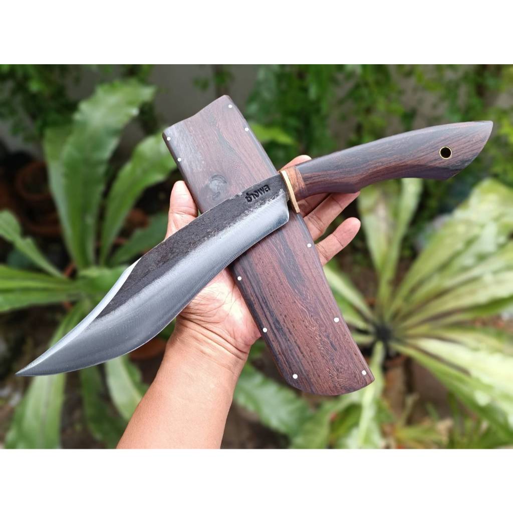 มีดโบวี่ มีดแคมป์ โบวี่ Bowie มีดเดินป่า ใบ 9.5” เหล็กผานไถ ตีร้อนชุบแข็ง ผิวไฟ ด้าม-ฝักไม้กระพี้เขา