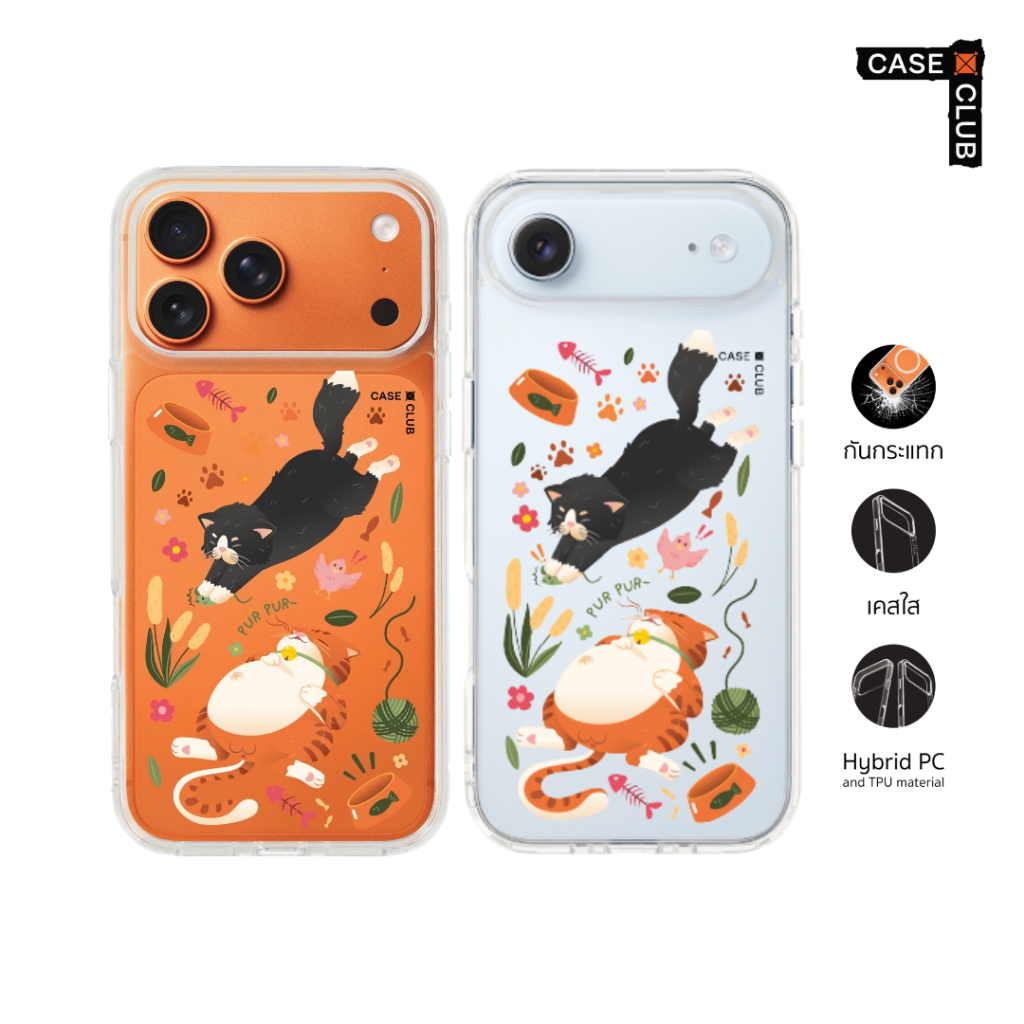 CaseClub เคสไอโฟน เคสโทรศัพท์ เคสใส ลาย Orange & Black Cat Pattern เหมียวตัวกลมกับเพื่อนซี้แมวดำ สำหรับ i17 Pro Max/i17