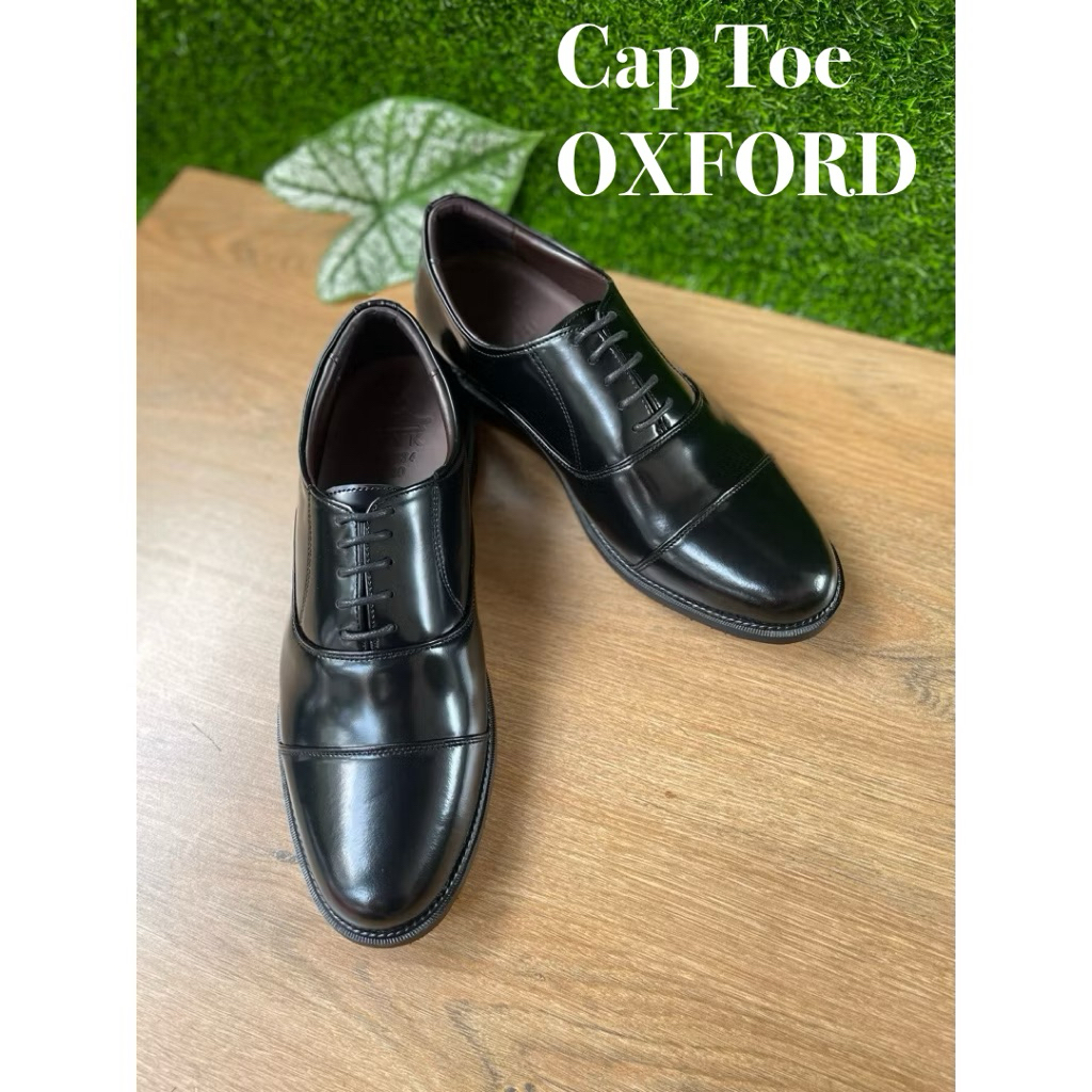 รองเท้าคัชชูหนังแท้ขัดเงา Cap toe Oxford สีดำ ใส่สบาย ทนทาน เปลี่ยนไซส์ได้