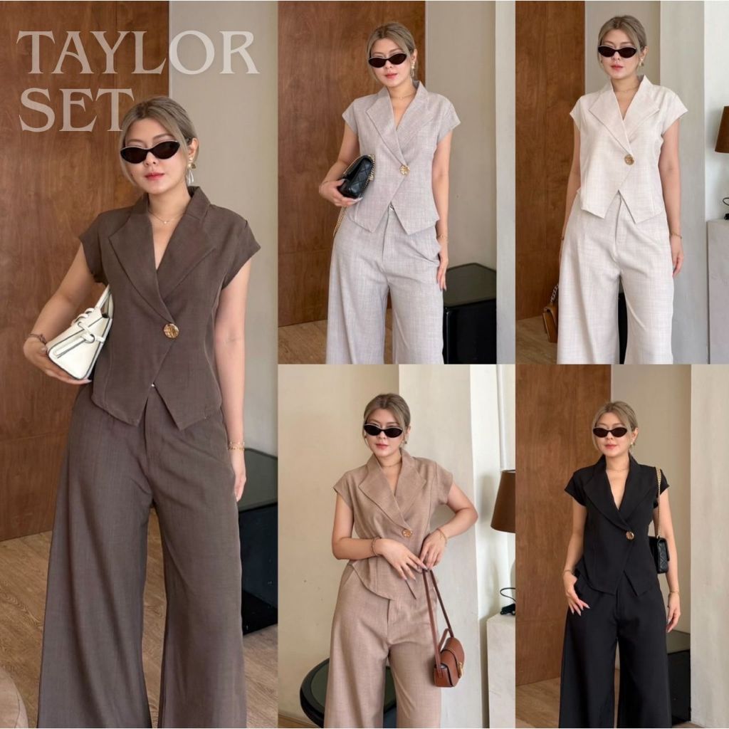 Taylor Set :: ชุดเซ็ทขายาว 2 ชิ้น ชุดเซ็ทขายาว เสื้อแขนสั้นแต่งกระดุม เสื้อคอปกปาดหน้า กางเกงขายาว BETTY (B030)