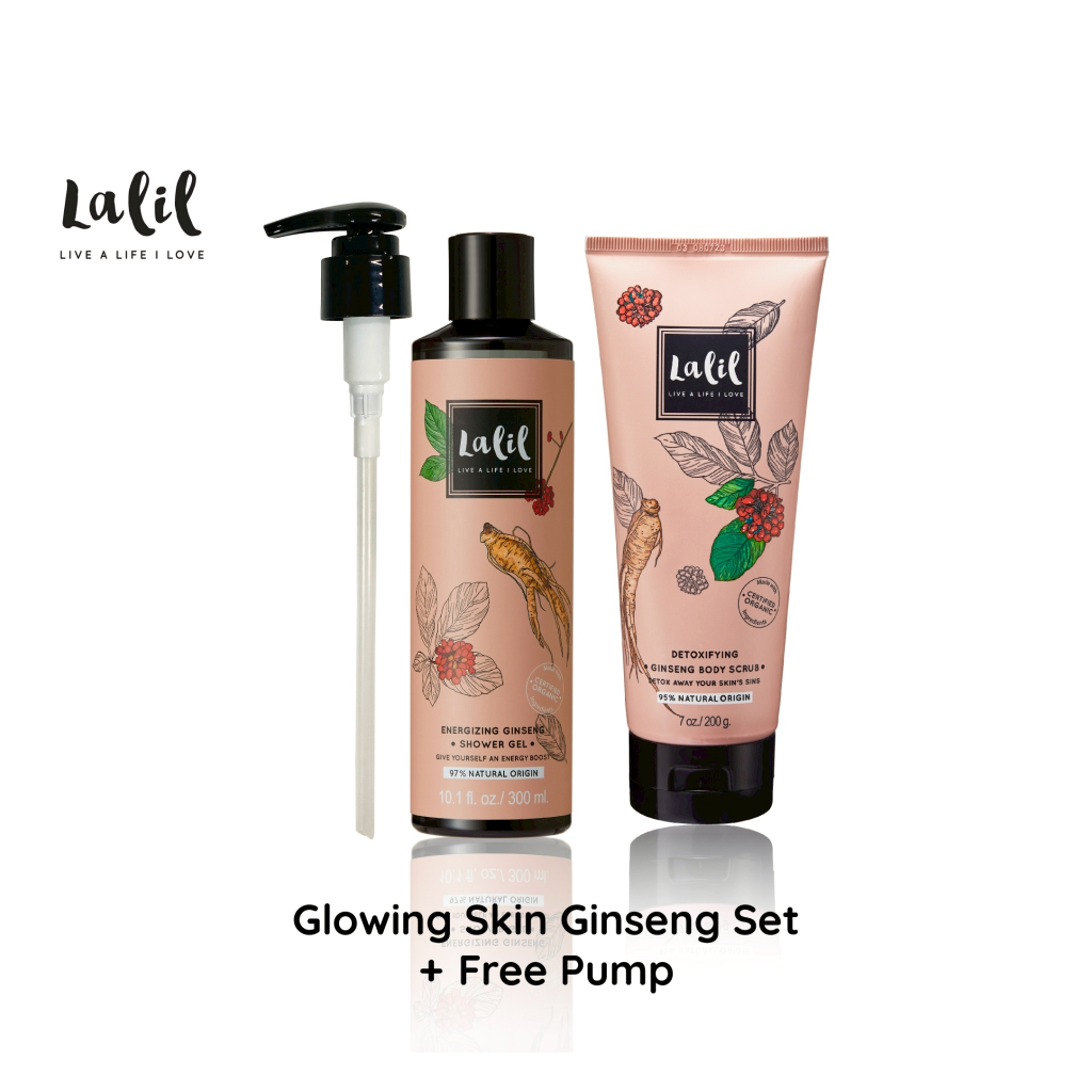 LALIL Glowing Skin Ginseng Set + Dispenser Pump 1 pc. (Ginseng Shower Gel & Ginseng Scrub)