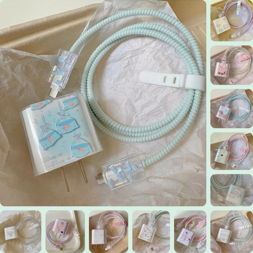 แมวน่ารัก Clear Charger Protector สําหรับ โปร่งใส Charger Protector สําหรับ ios 18/20W สีชมพูสีฟ้า Data Line