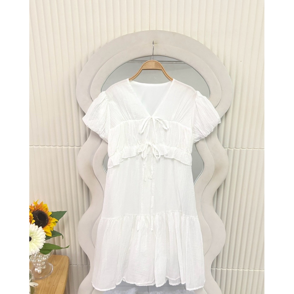 ☀️𝒔𝒆𝒆𝒏 𝒔𝒕𝒚𝒍𝒆 - เดรสแขนบอลลูนผูกหน้า (มีซับใน+เชือกผูกเอว) - รูปที่ 4