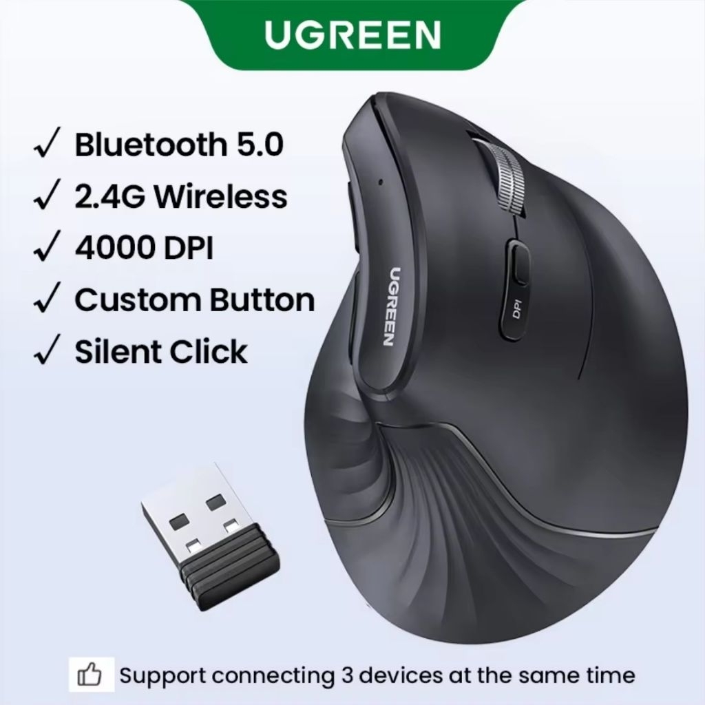 UGREEN Bluetooth Wireless Mouse 2.4G 4000DPI เมาส์เพื่อสุขภาพ เมาส์แนวตั้งไร้สาย ไร้เสียง for Laptop