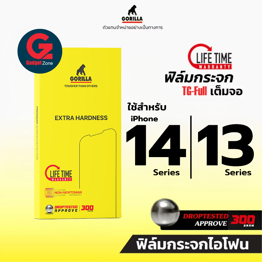 [ส่งด่วน] ฟิล์มกระจก Gorilla Premium สำหรับ iPhone 15 I 14 I 13 Series TG-Full แบบเต็มจอ [รับประกันตลอดชีพ]